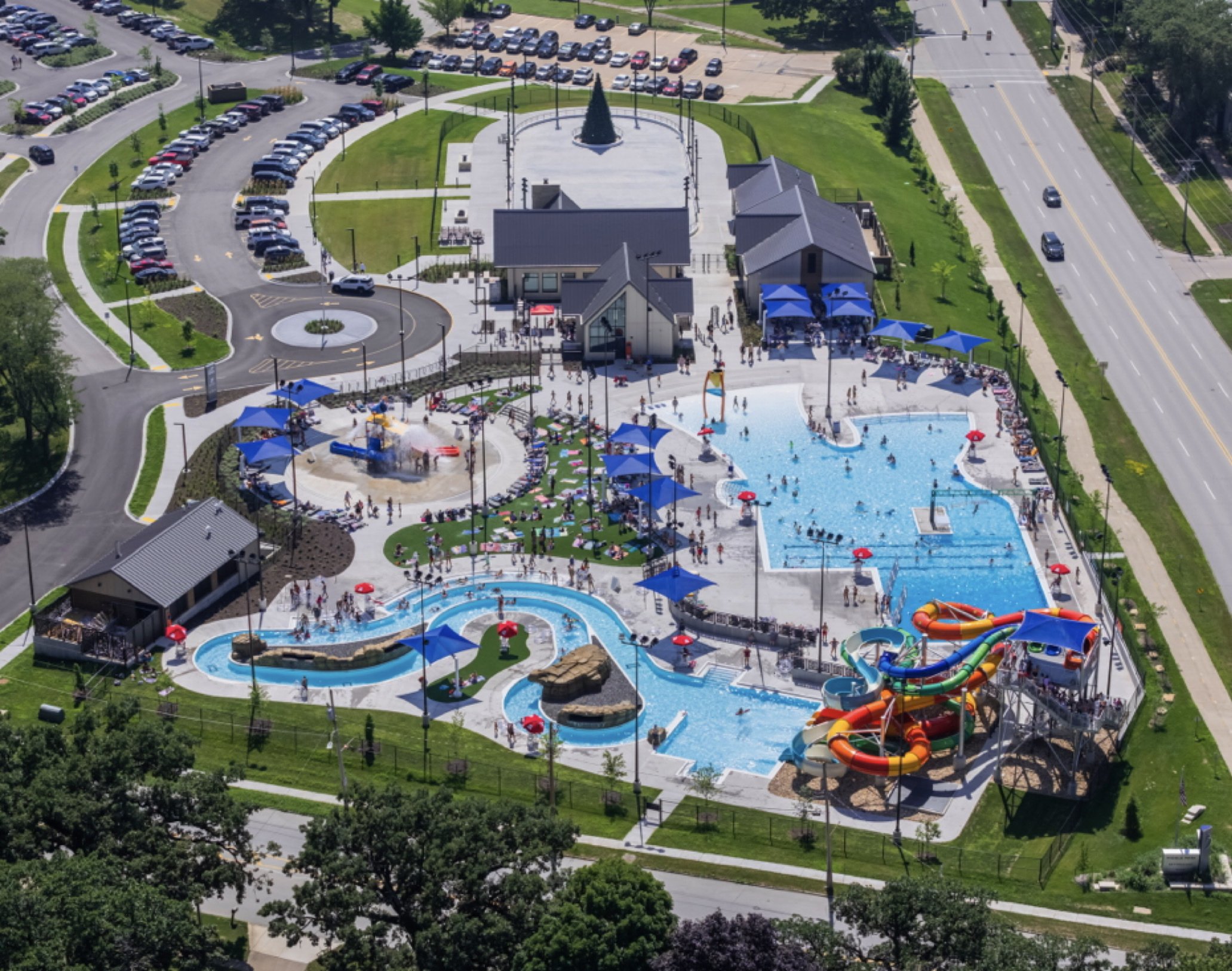 Completed aquatic center, aerial photograph